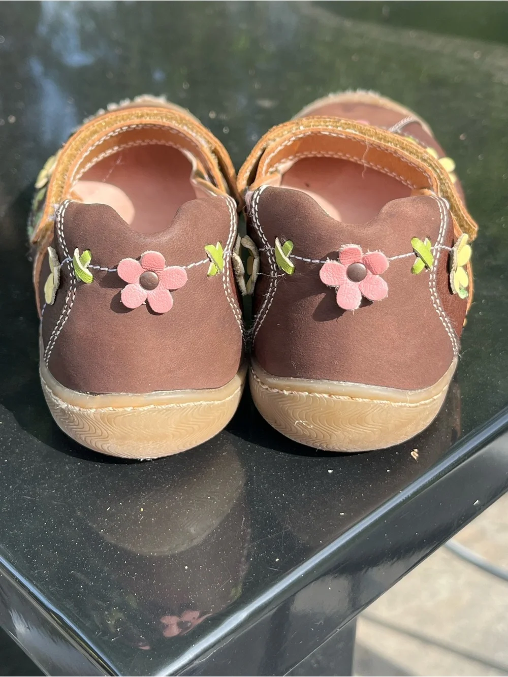 Umi Praline Brown Mary Jane Shoes with Pink& Yellow Flower Accents size 32/US 1